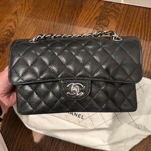 Chanel Small Classic Double Flap Caviar Black, Silver Hardware, Original Receipt